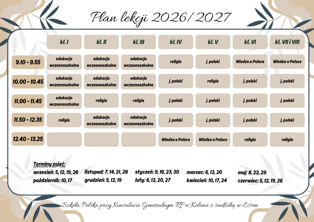 Plan lekcji i terminy zajęć w roku szkolnym 2026/2027